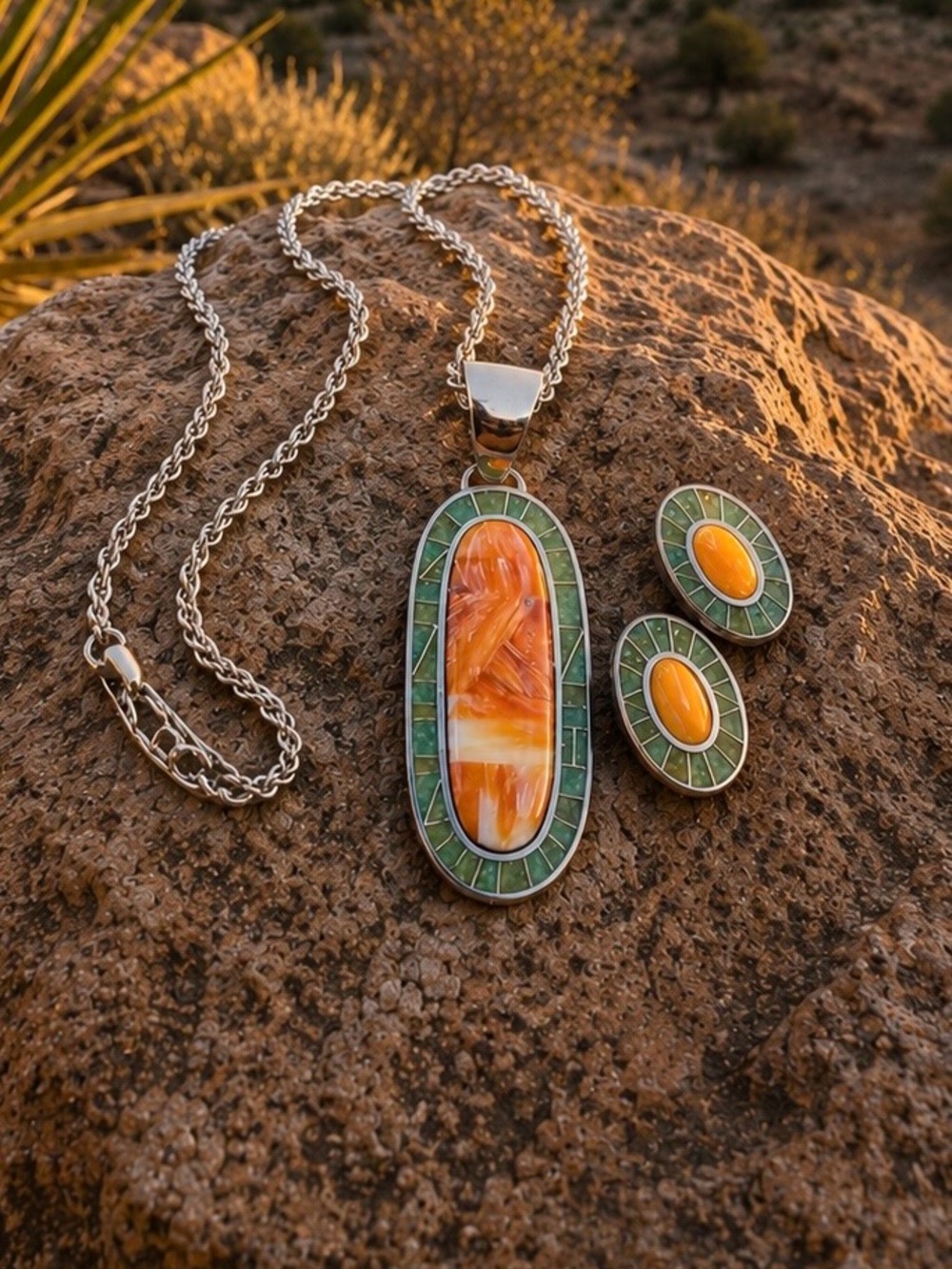 Carolyn Pollack Southwest Spiny Oyster Turquoise Inlay Necklace Earrings Set